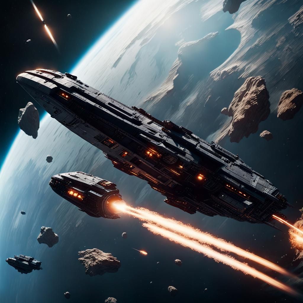 Starship Dodging Asteroids in Cinematic Style
