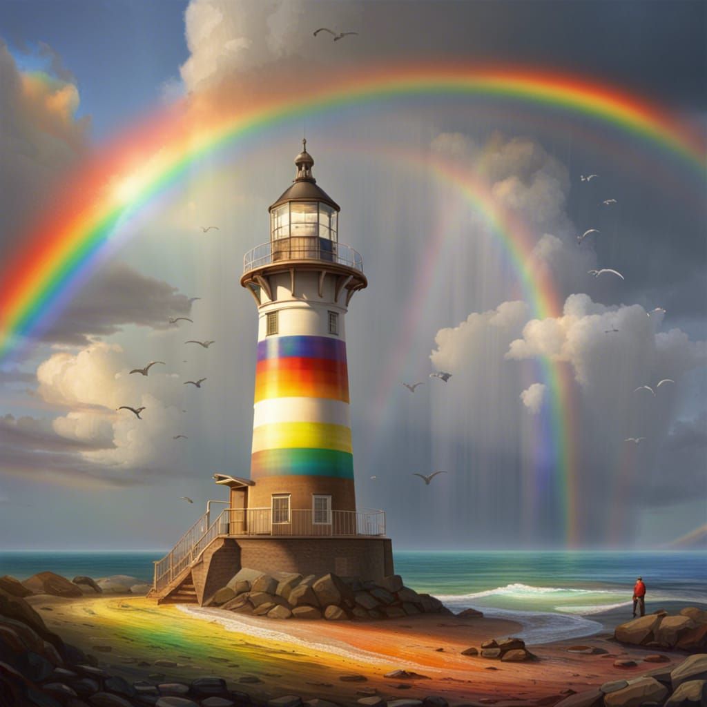 Lighthouse Rainbow Projection: Oil Painting Scene