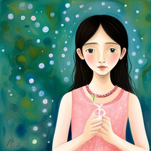 Dreamy Girl Holding AI Name Writer: Gouache Painting