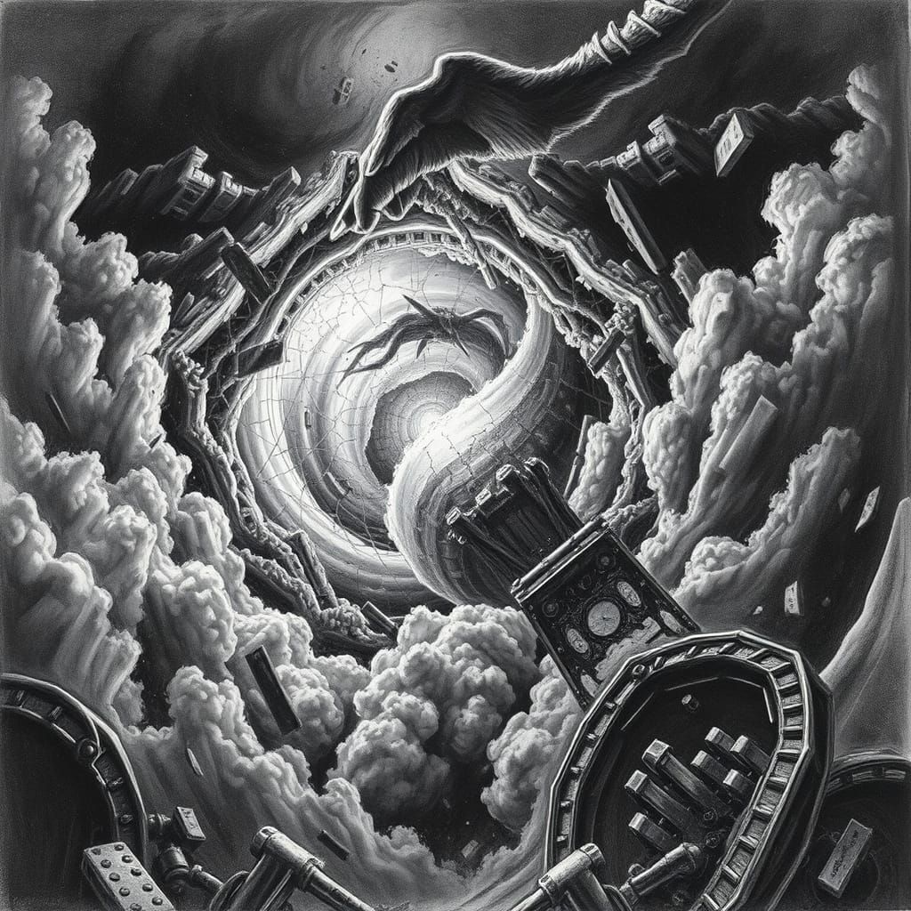 Turbulent Vortex in Dystopian Charcoal Drawing