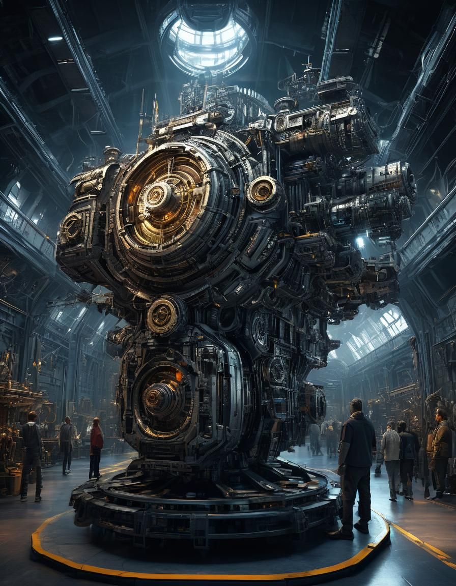 Gigantic Fusion Engine in Futuristic Mech Hangar