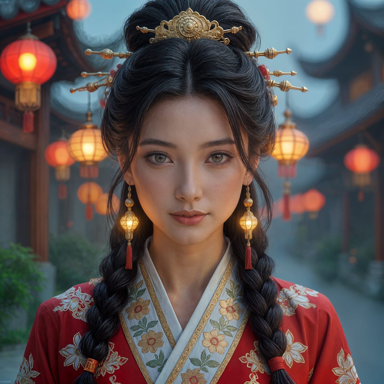 Pagoda Hairstyle: Asian Woman Portrait in Hyperdetailed Styl...