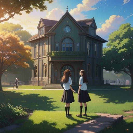 Anime Style School Campus Scene with Students