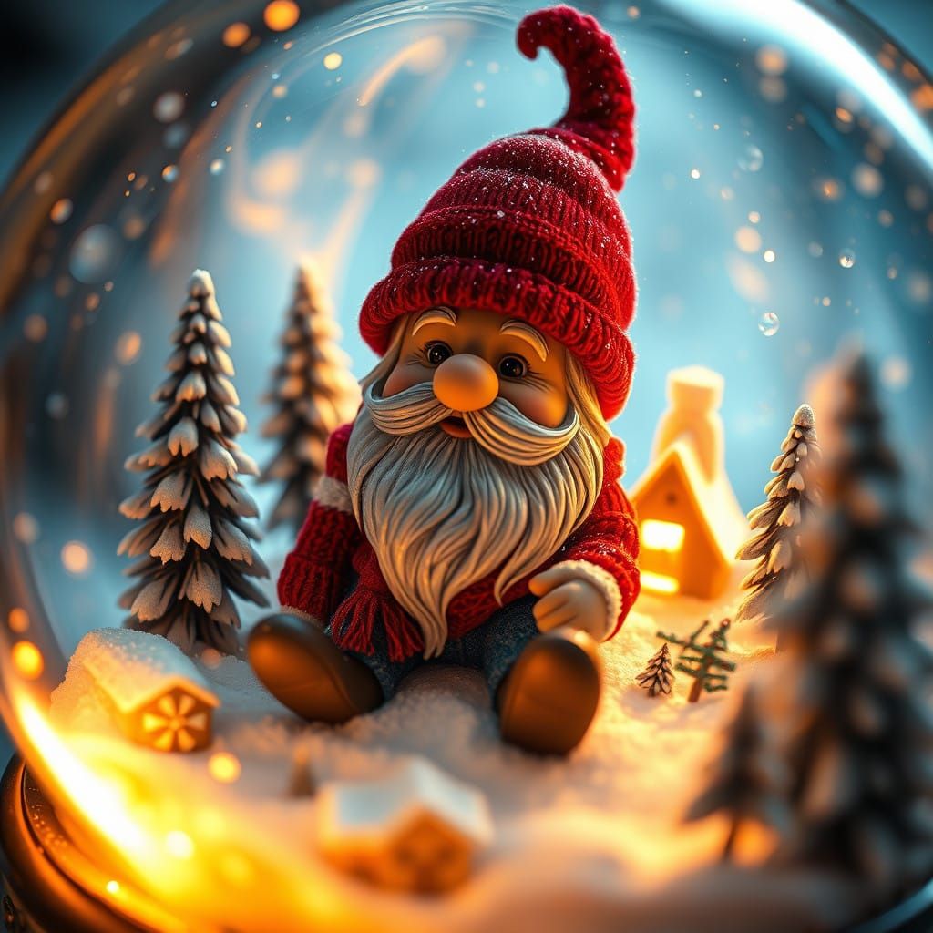 Gnome in Winter Wonderland Scene with Snow Globe and Golden...