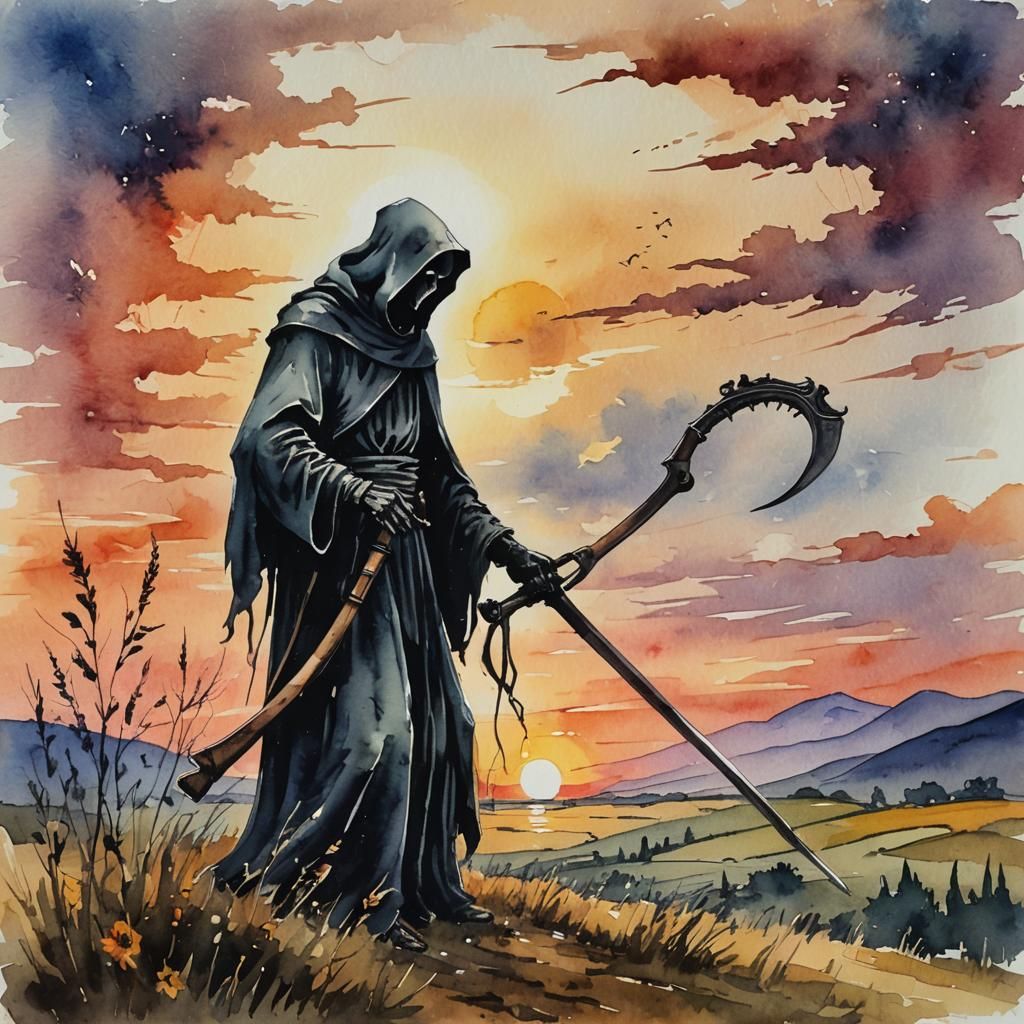 Grim Reaper at Sunset: Vintage Watercolor Painting