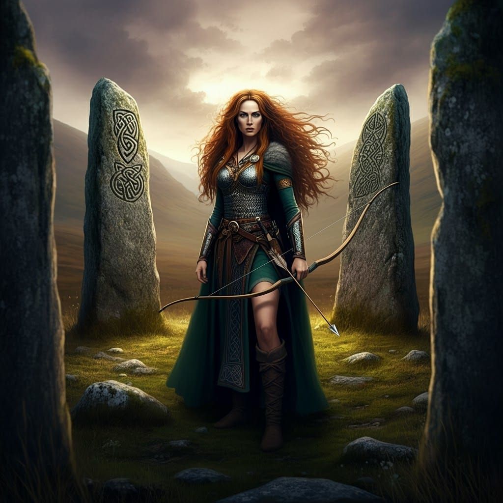 celtic  legendary archery Scathach, standing in the center o...