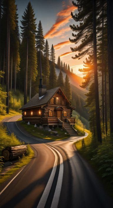Log cabin at the end of a road