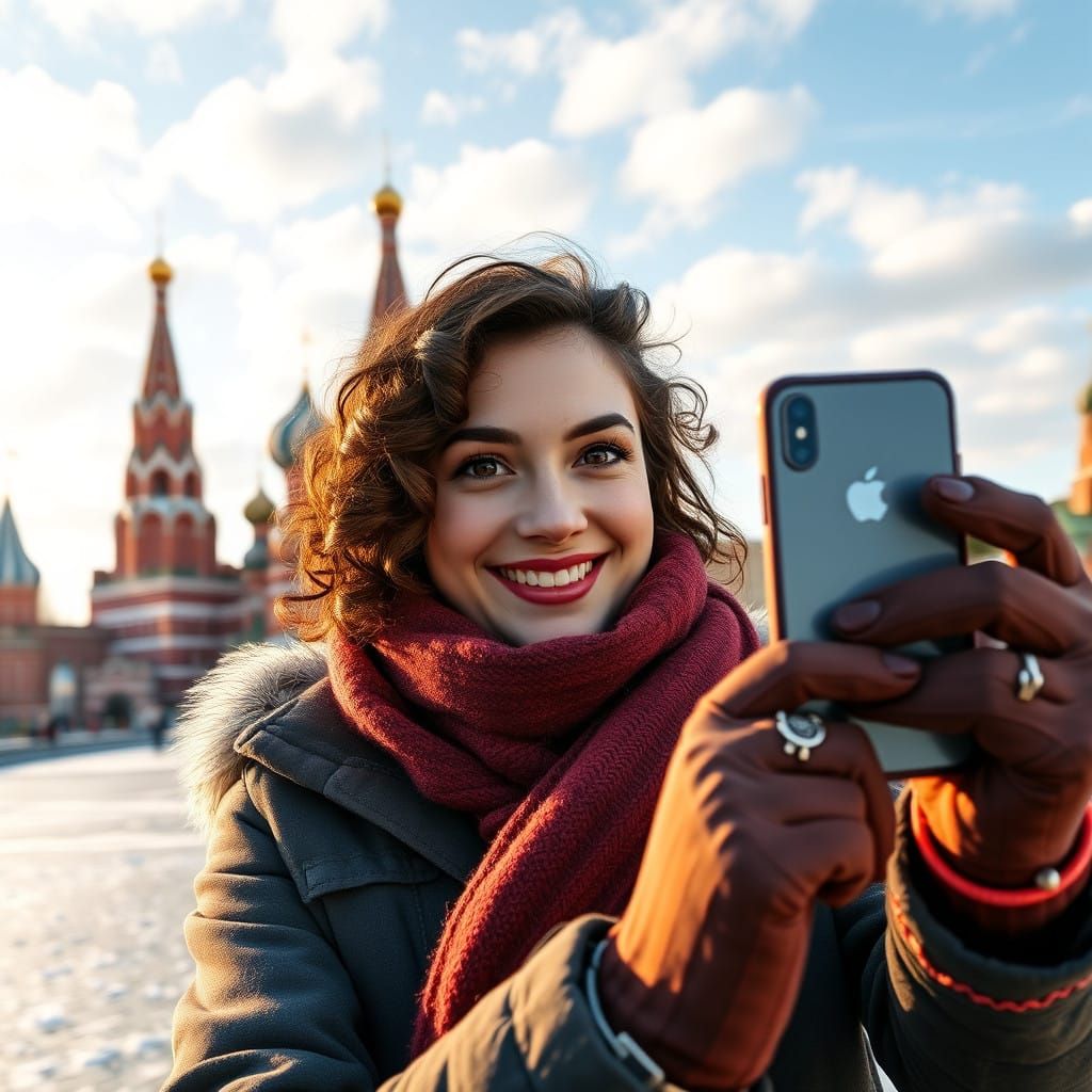 Smiling Woman Takes Selfie on Moscow's Red Square