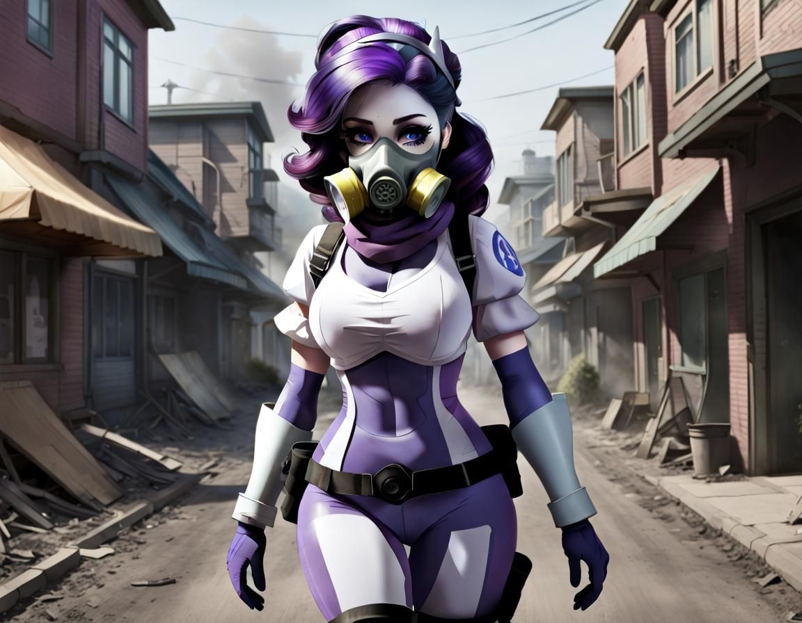 Hazardous Beauty: Woman in Gas Mask Amidst Ruins