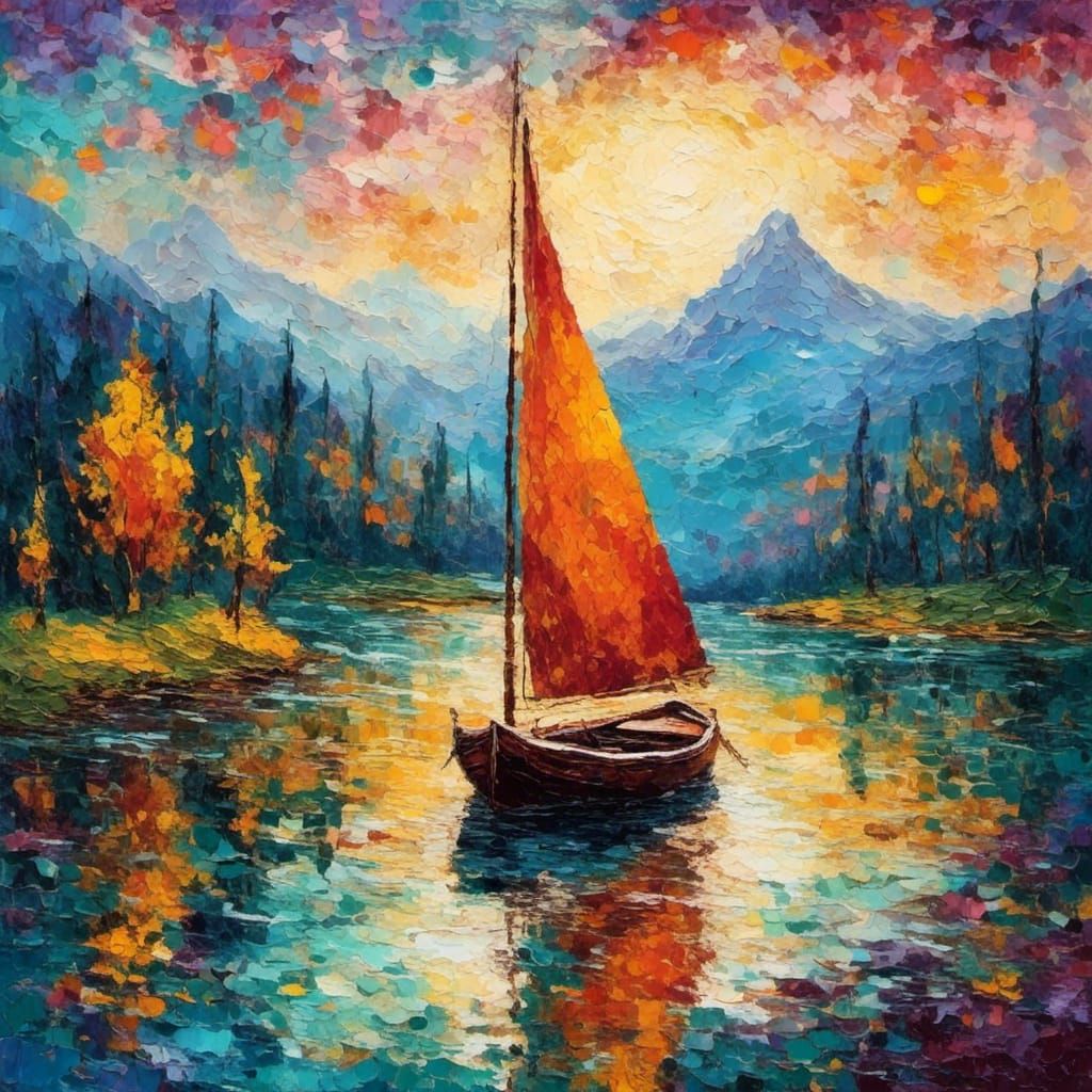 Sailboat on Lake: Expressionist Oil Painting