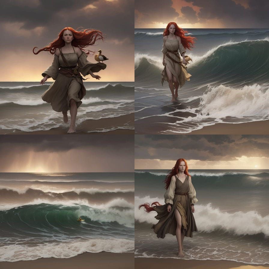 Girl on Beach at Sunset in Painterly Style