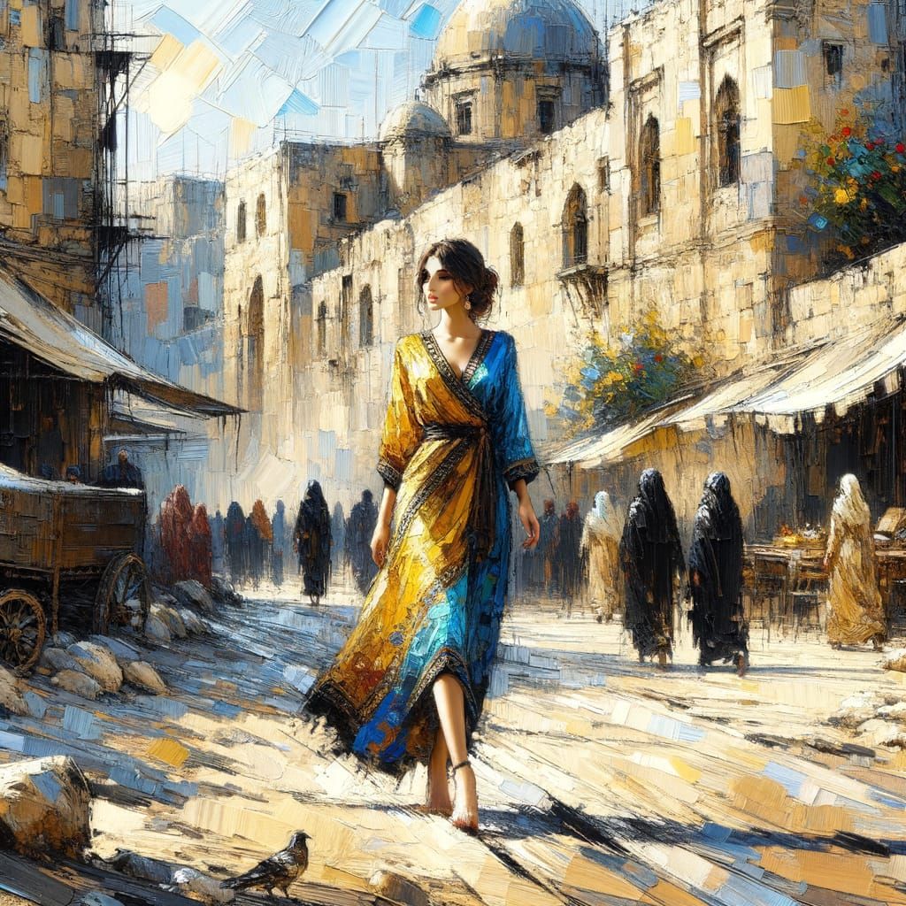 Elegant Woman in Vibrant Blue & Yellow in Ancient City
