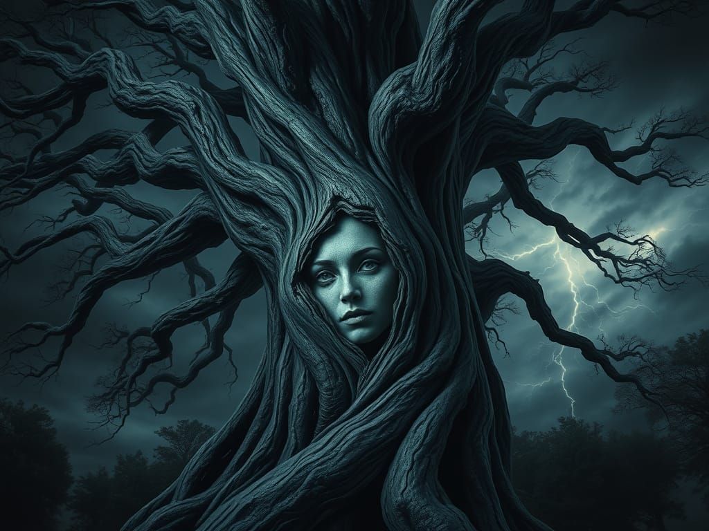 Surreal Tree Transforms into a Weathered Goddess in a Darken...