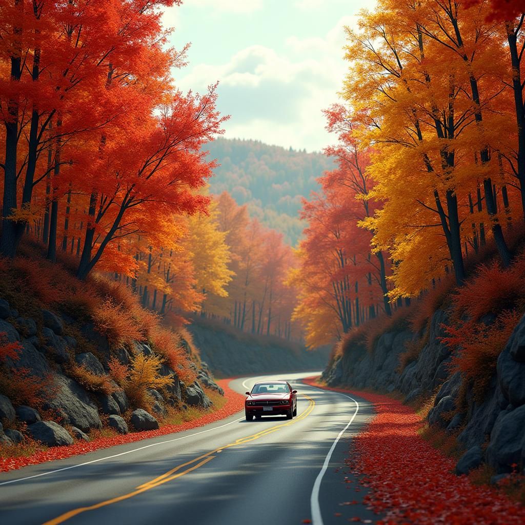 Autumn Drive on Winding Road: Digital Matte Painting