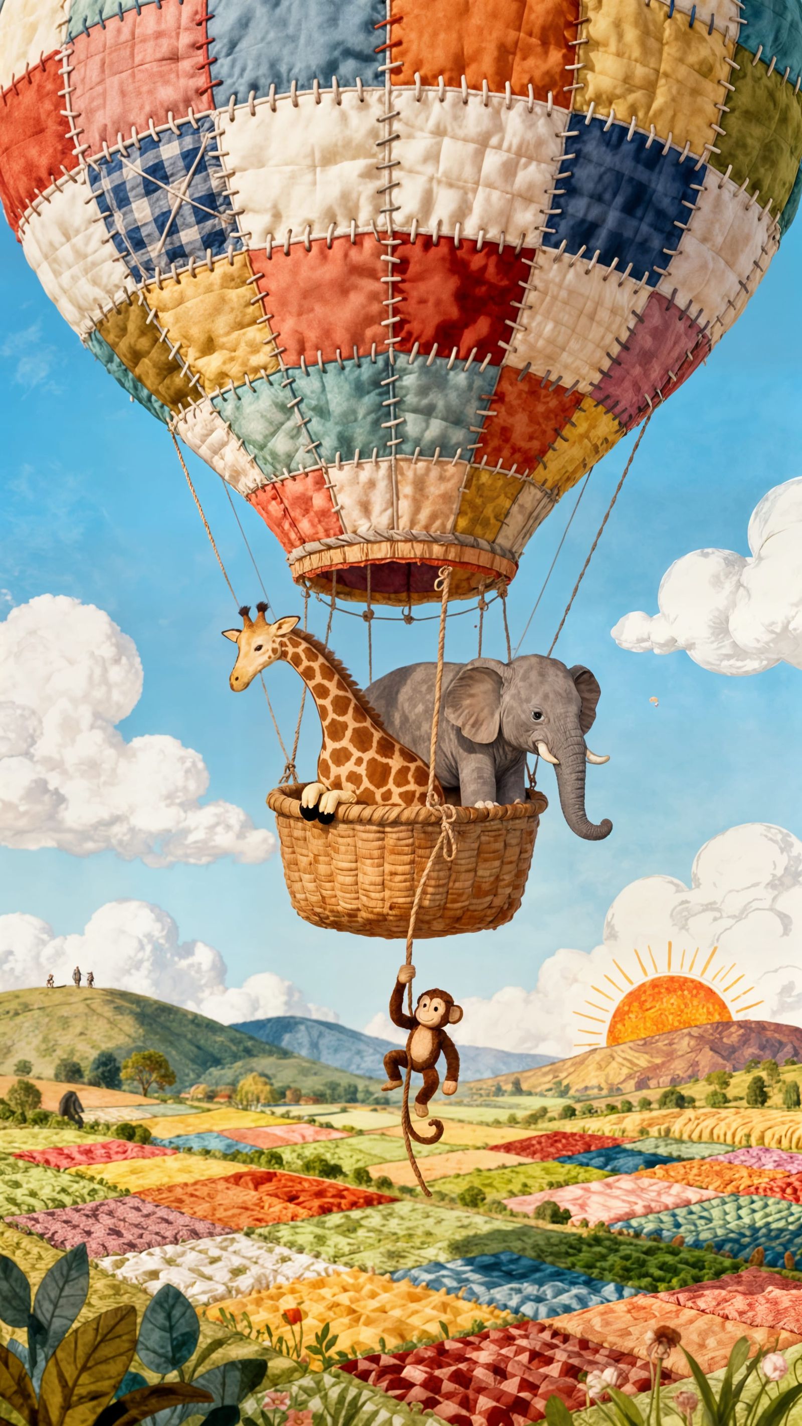 Patchwork Quilt Hot Air Balloon With Giraffe & Elephant