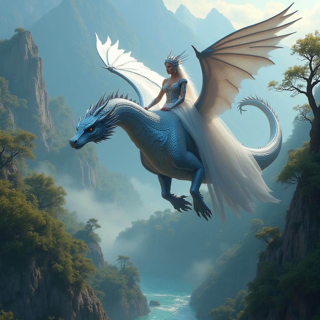 Silver-Haired Woman on Dragon Soaring Over Ancient Forest