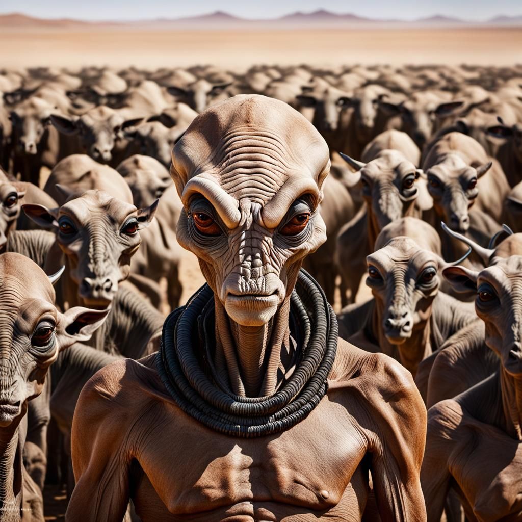 Alien Herd at Desert Waterhole: Cinematic Realism