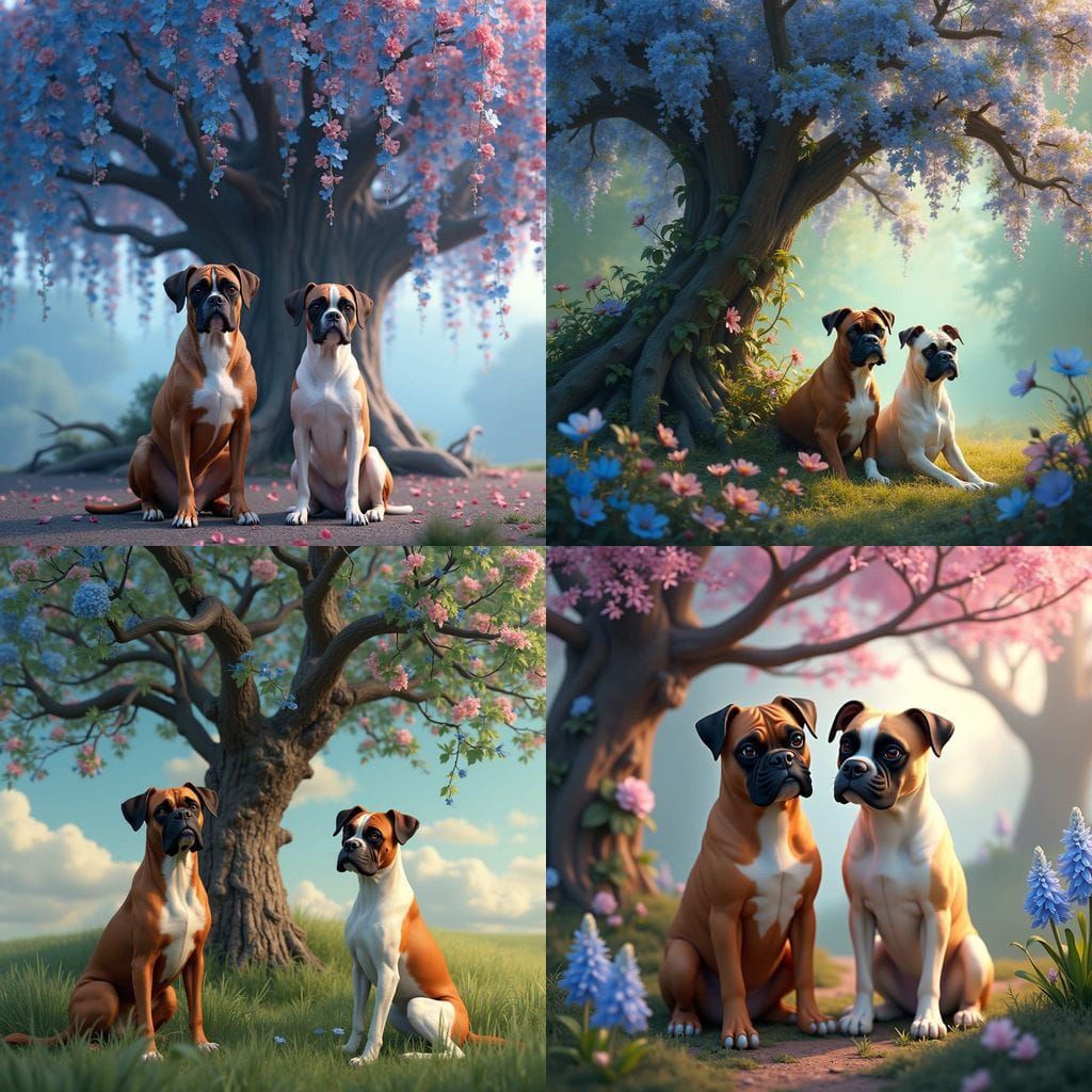Vibrant Boxer Duo Amidst Whimsical Floral Wonderland