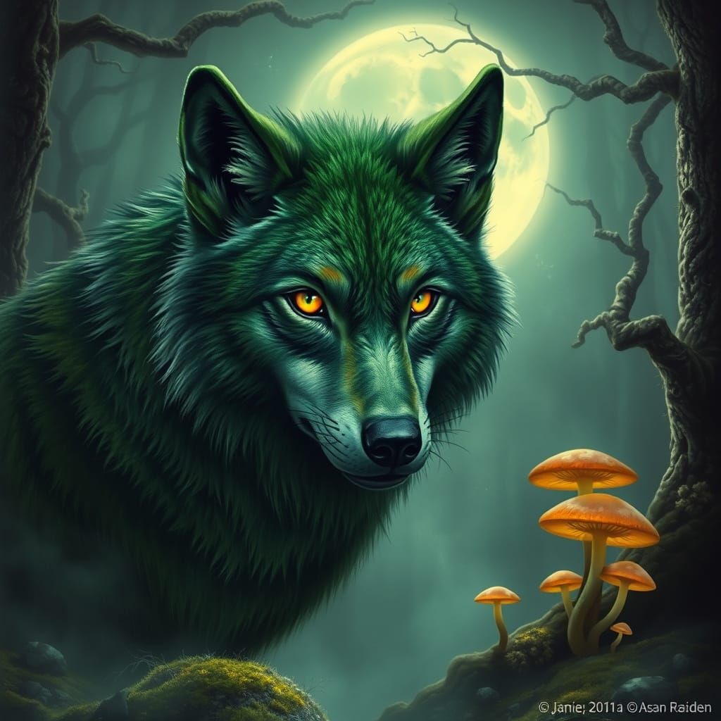 Mystical Green Wolf in a Biomechanical Landscape
