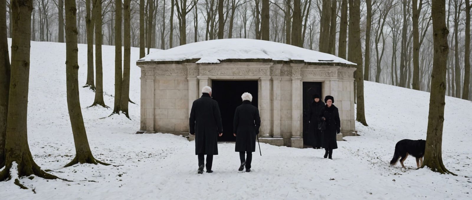 Family Enters Mausoleum in Snowy Beech Wood