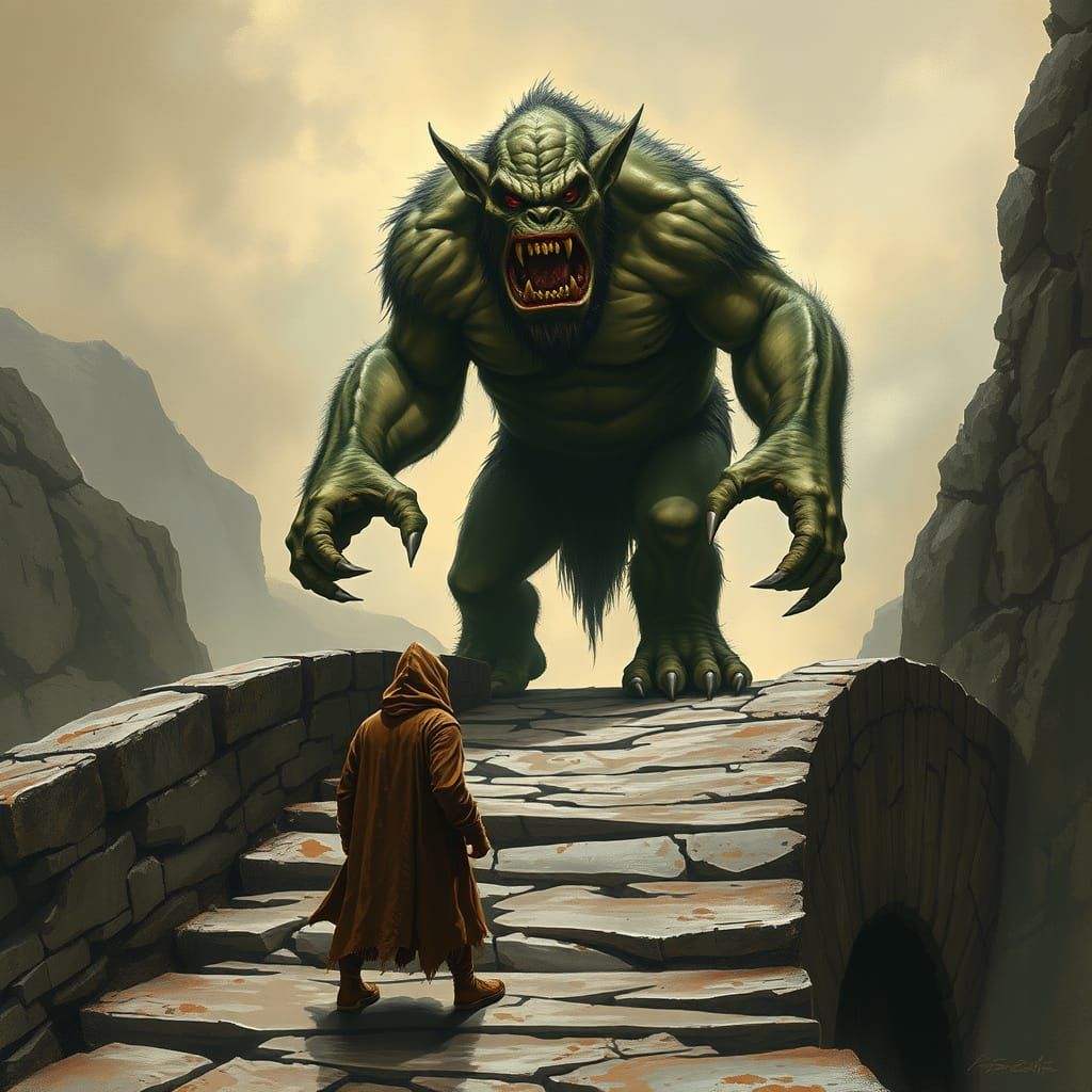 Troll Guarding Bridge in Dark Fantasy Style