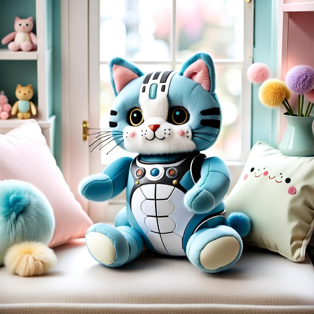 Robotic Stuffed Cat Wind-Up Doll in Playroom