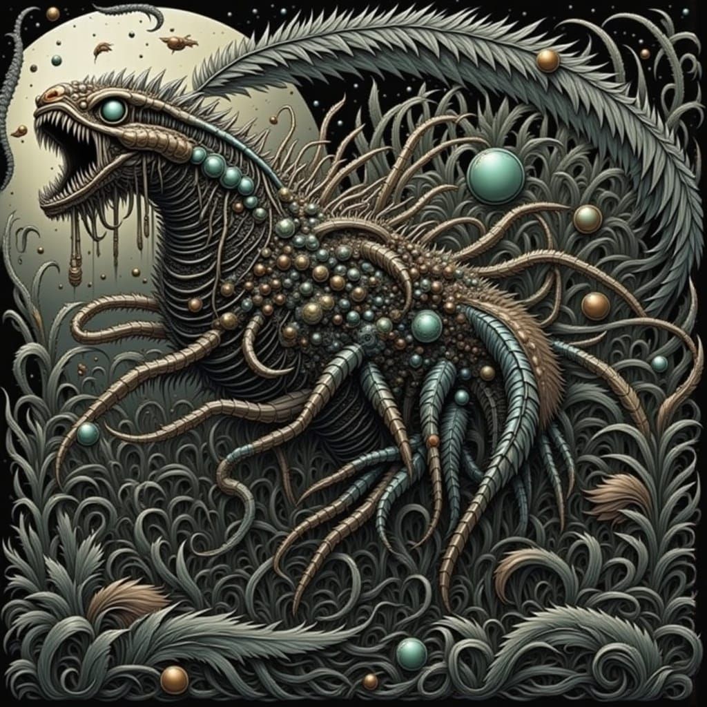 Aquatic Biomechanical Feathered Creature in Giger Style
