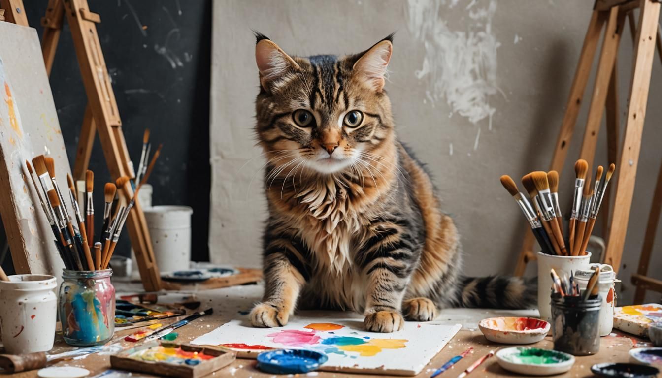Cute Cat Painting in Art Studio