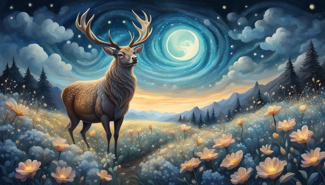 Fantasy Stag in Moonlit Flower Field Landscape