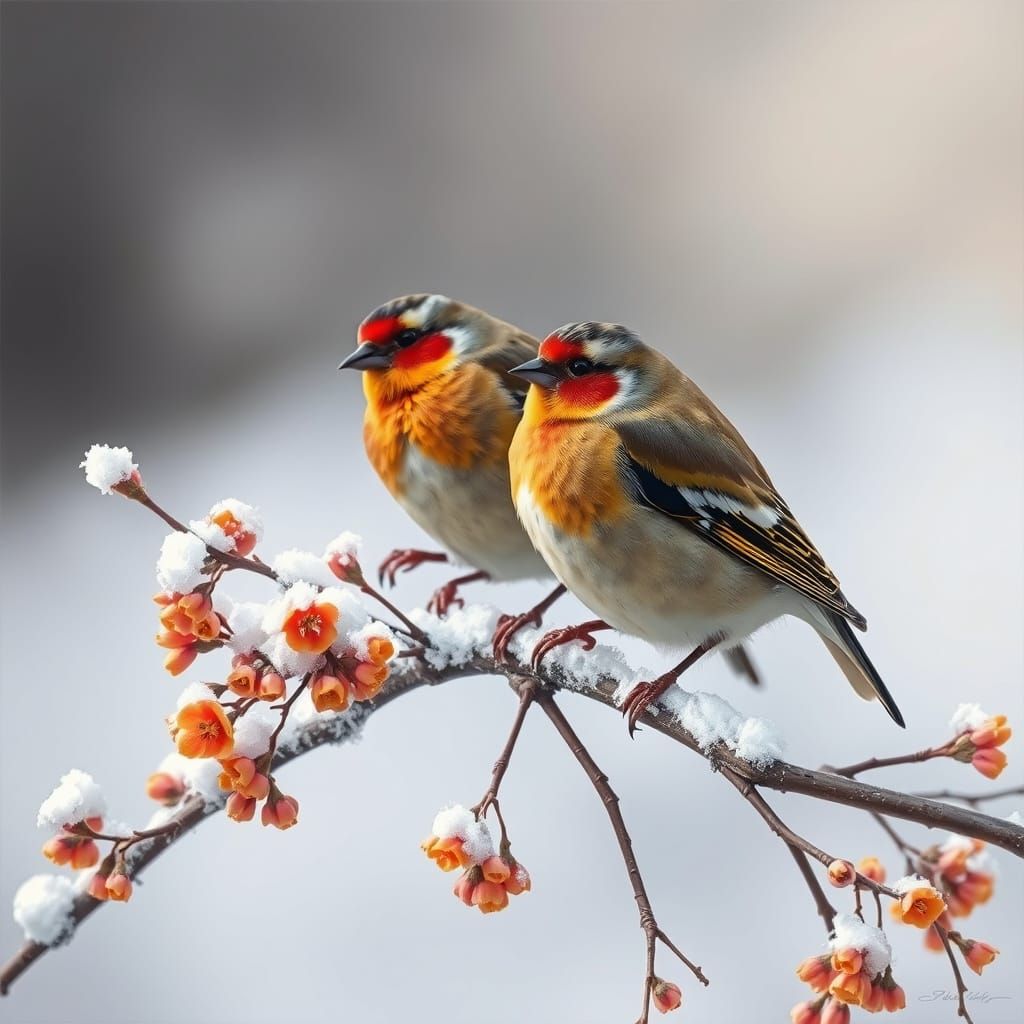 A breathtaking wide-angle photograph of two European Goldfinches gracefully perched on snow-covered branches with little...