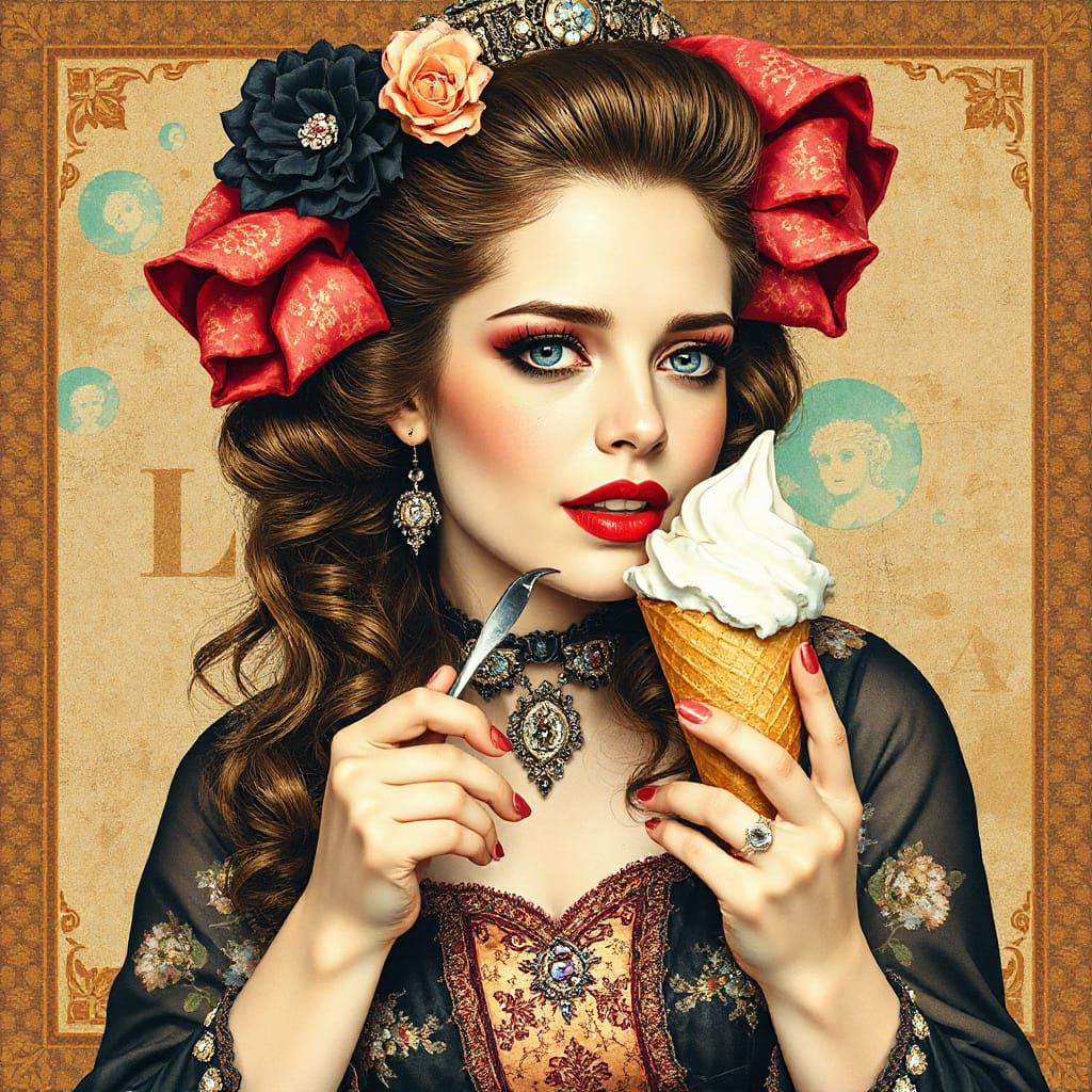 Courtesan Savoring Ice Cream in Watercolor Collage Style