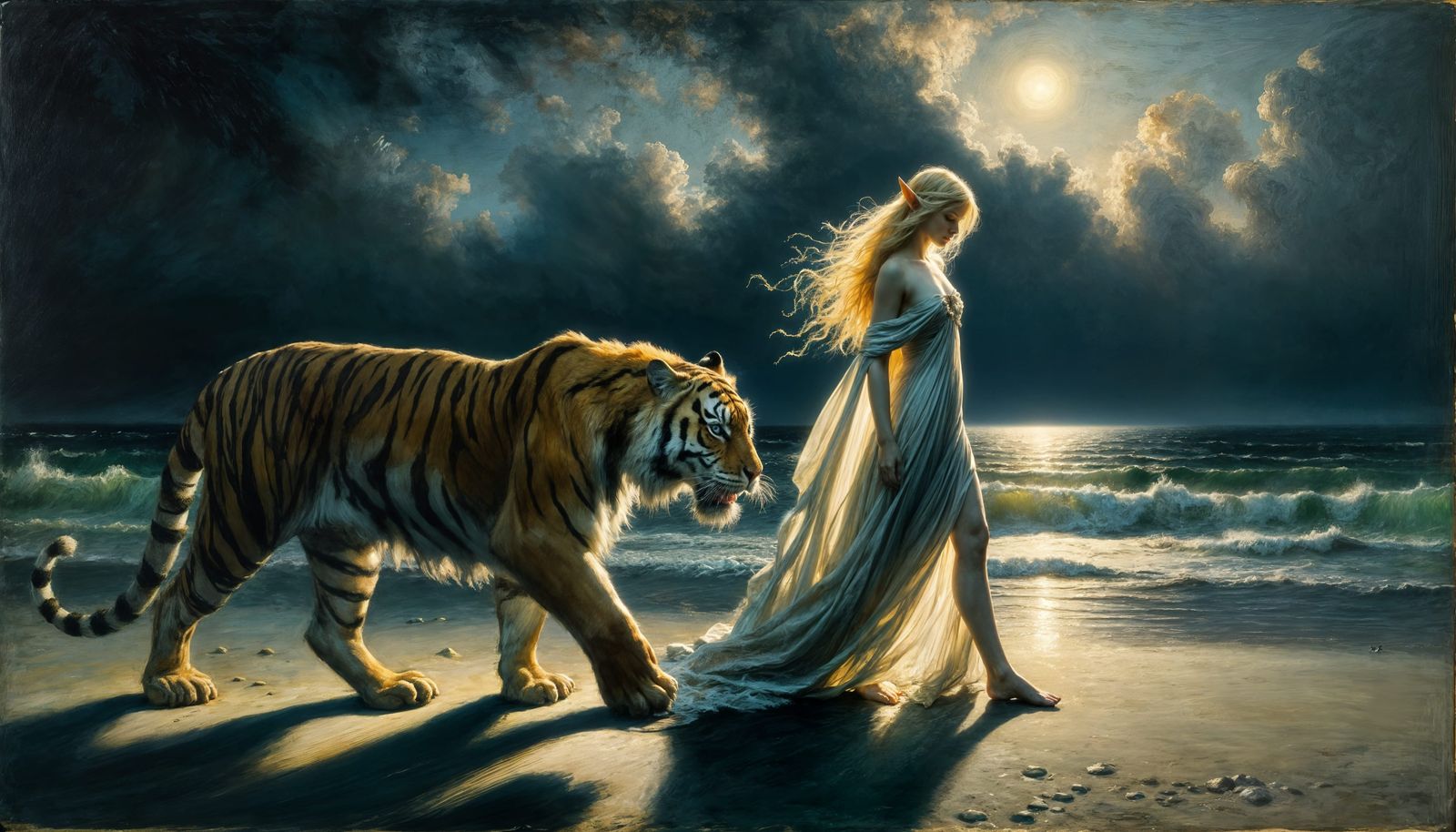 Elf and Tiger on Beach in Tenebrism Oil Painting