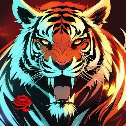 Demonic Tiger Surrounded by Roses in Anime Style