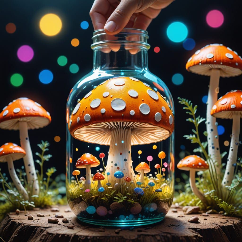 Whimsical Mushroom Art in a Bottle