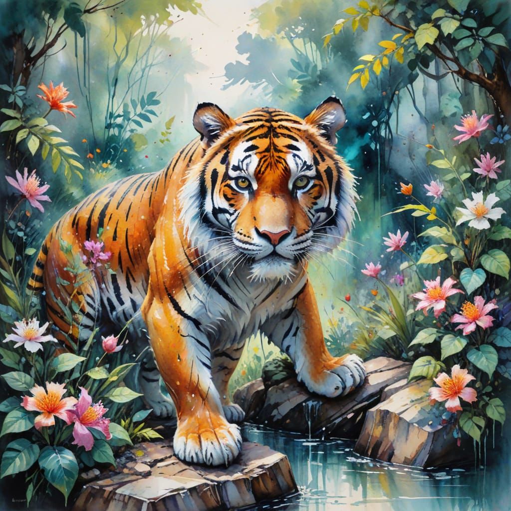 Tiger in Jungle, Expressive Watercolour Impasto Painting