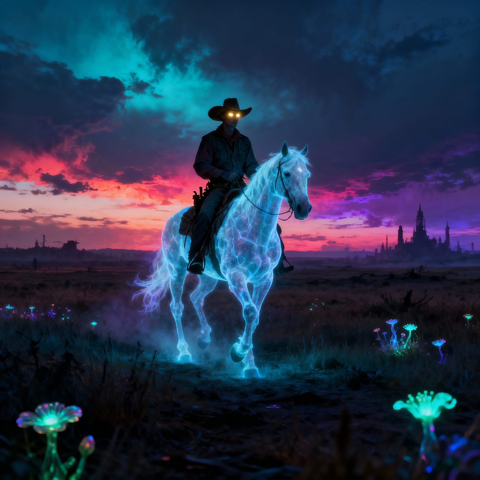 Spectral Cowboy Rides Ghostly Steed Under Twilight Sky