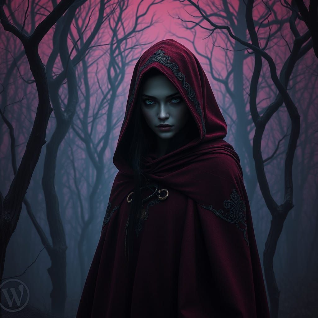 Gothic Red Riding Hood Amidst Crimson Twilight