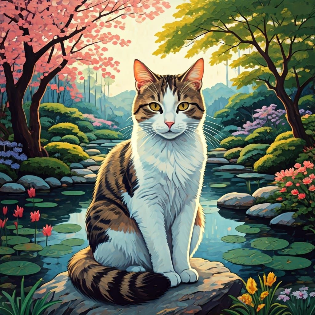 Elegant Cat in Garden, Collagraph Print Style