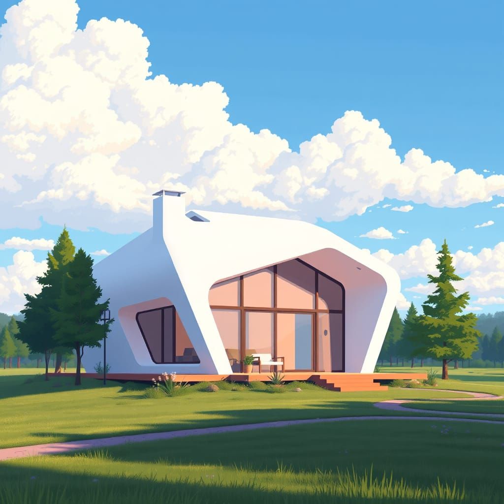 Futuristic Country Cabin in a Vibrant 16-bit Landscape