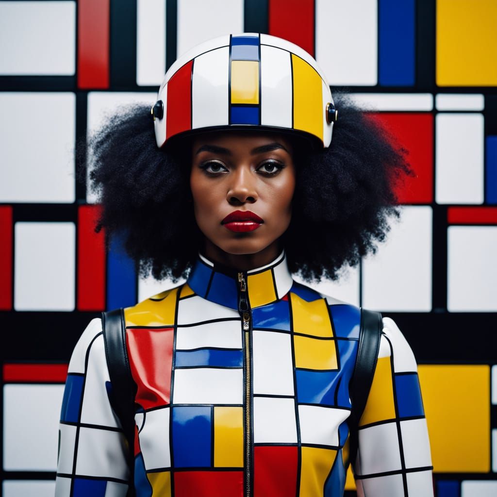 Confident Woman in Mondrian-Inspired Fashion