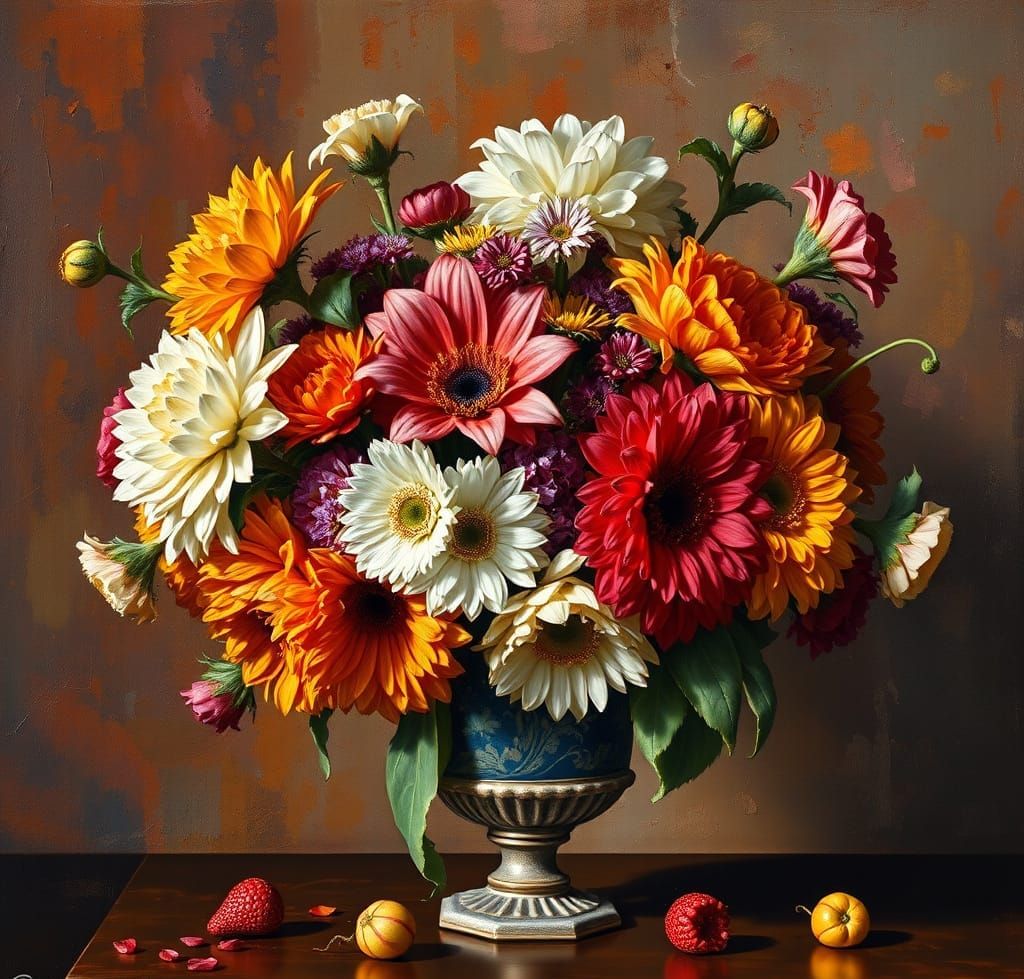 Vibrant Floral Still Life in Impasto Technique