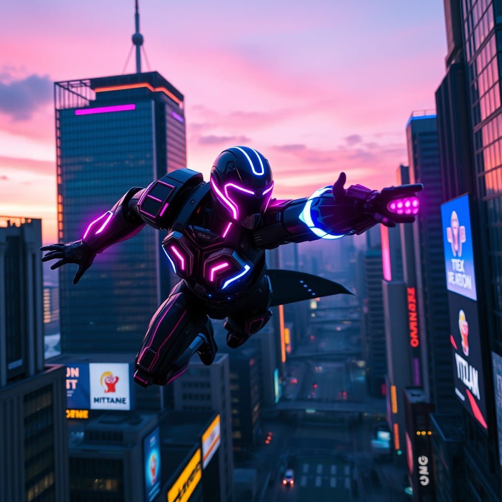 Neon Hero Soars Through Futuristic City