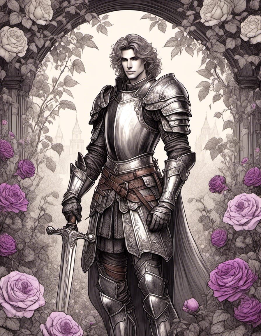 Detailed Sketch of Handsome Knight in Rose Garden