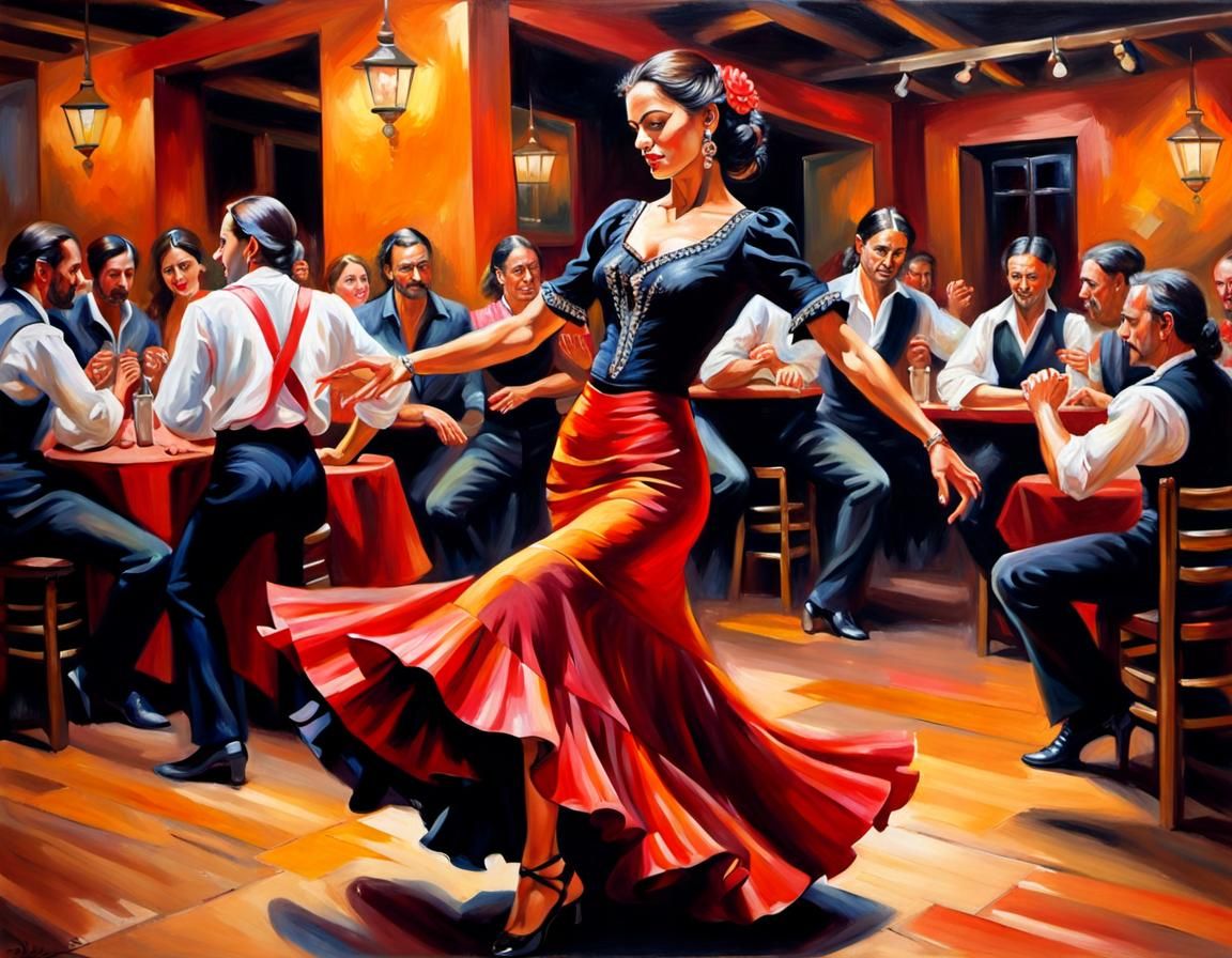Flamenco Dancer in Tavern, Oil Painting Style