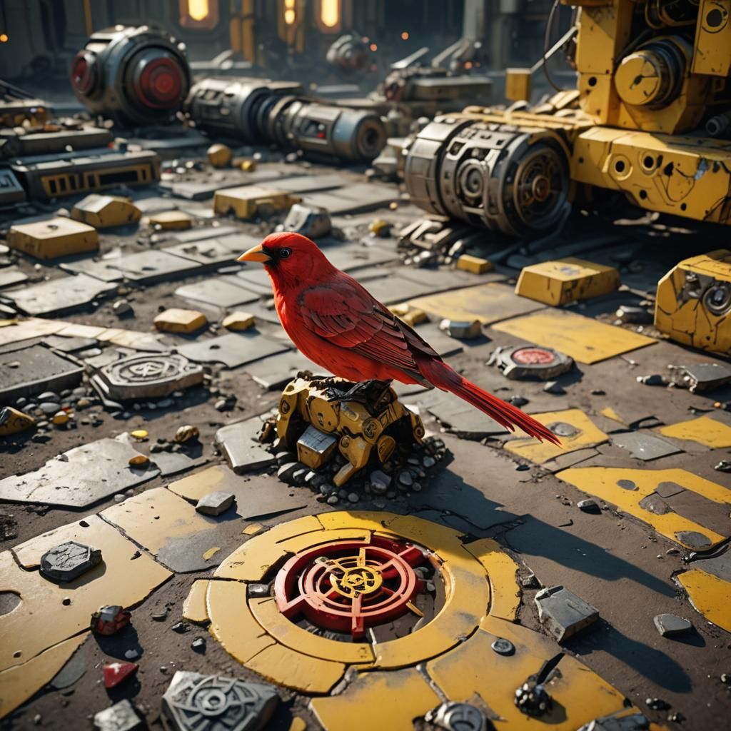 Futuristic Red Bird on Radioactive Stone