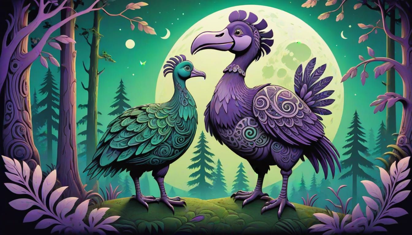 Surreal Dodo Embarks Through Whimsical Forest Under Ancient...