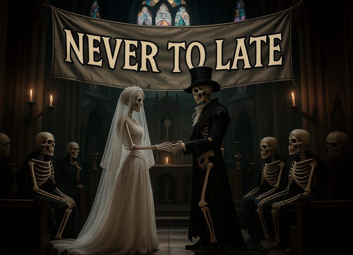 Skeletal Couple's Gothic Wedding in Gloomy Church
