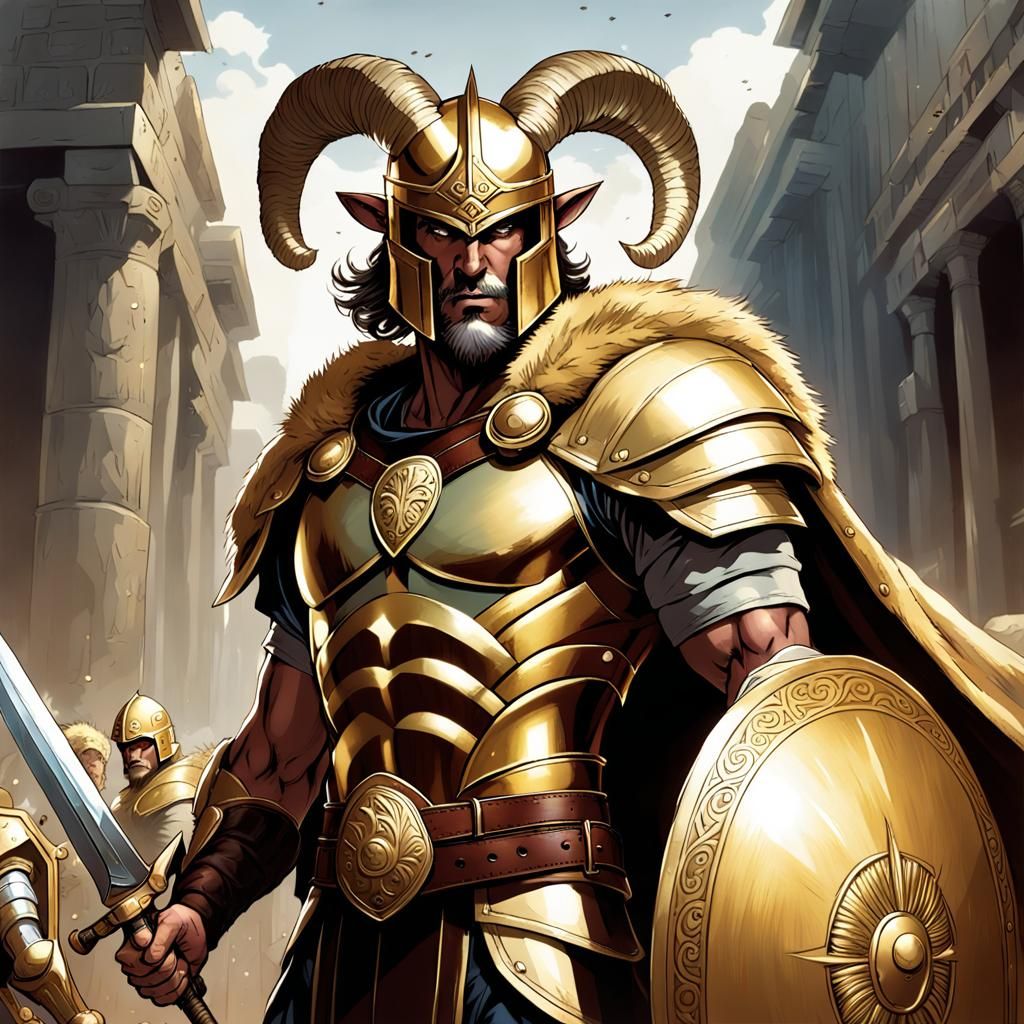 Greek Warrior with Golden Ram Helmet in Comic Art