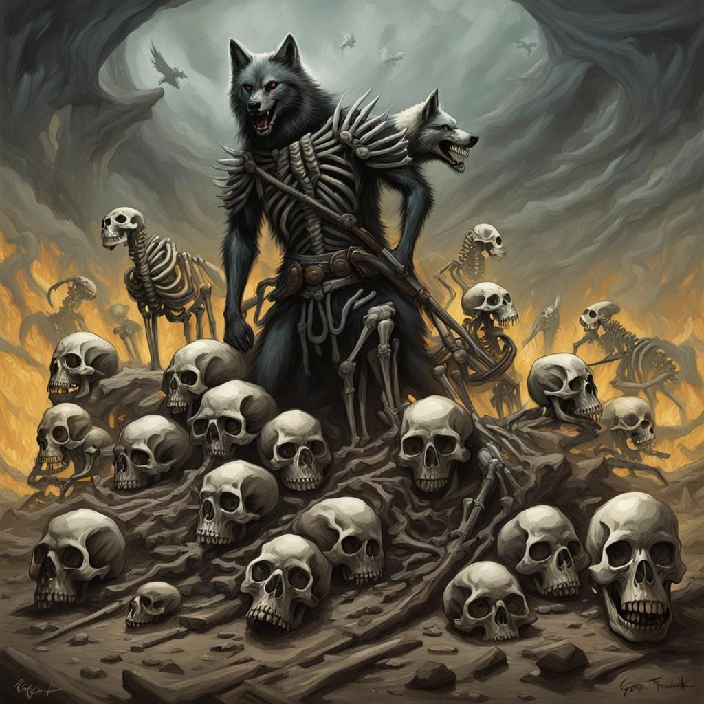 Sinister Wolf Surrounded by Skeletons and Skulls