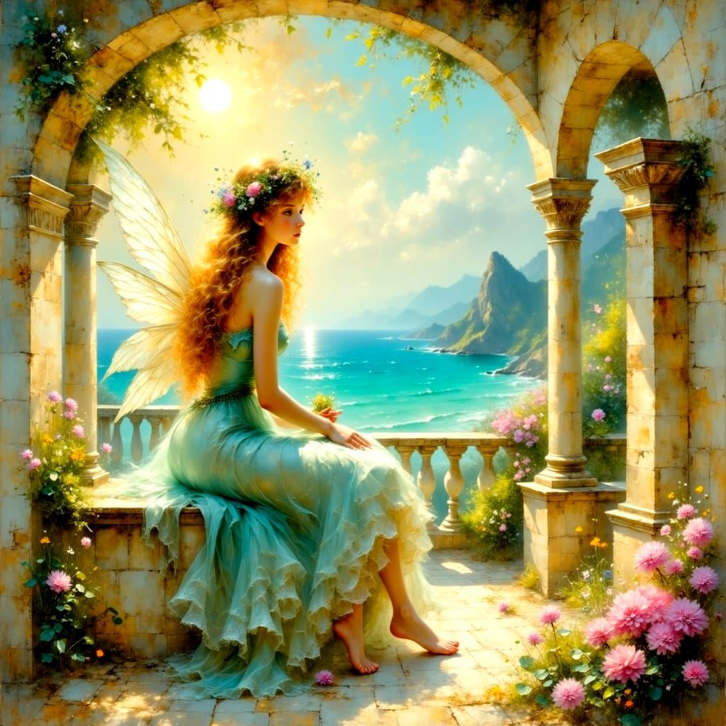 Ethereal Oil Painting of a Mediterranean Fairy in a Whimsica...